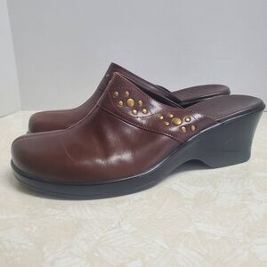 Clarks Brown Leather Mules with Gold Accents